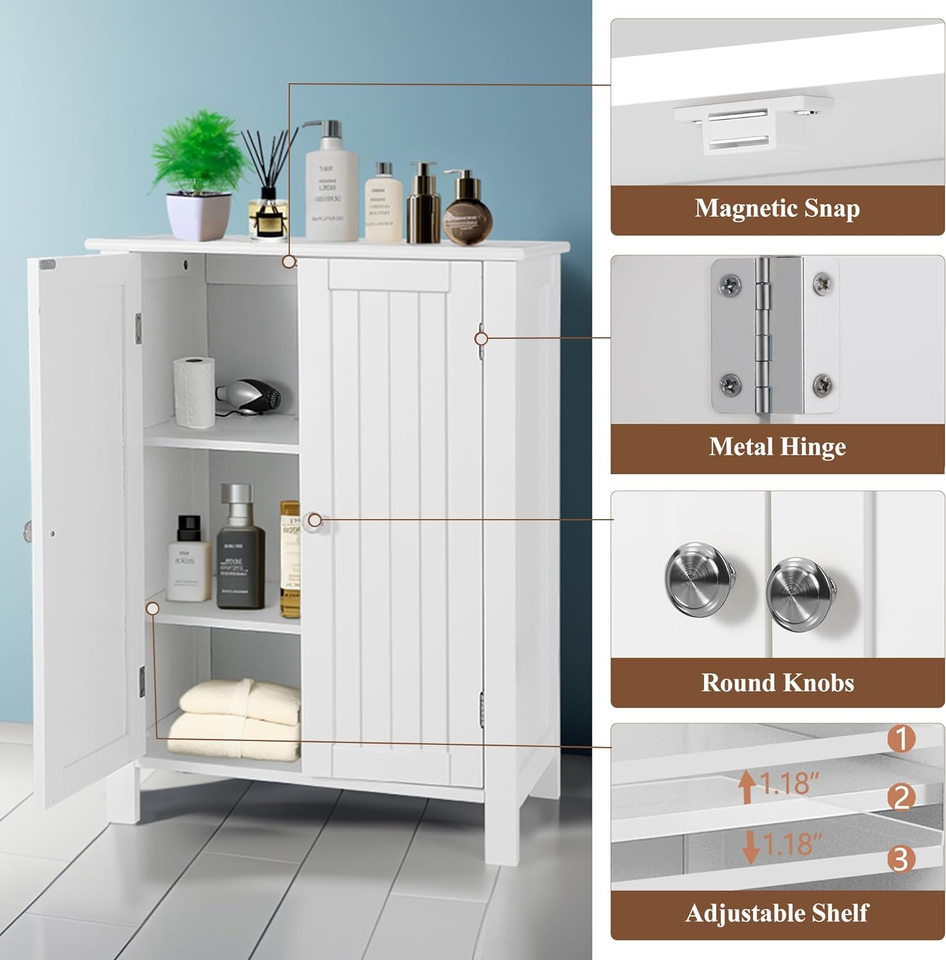 ZENY Bathroom Floor Storage with Double Door + Adjustable Shelf