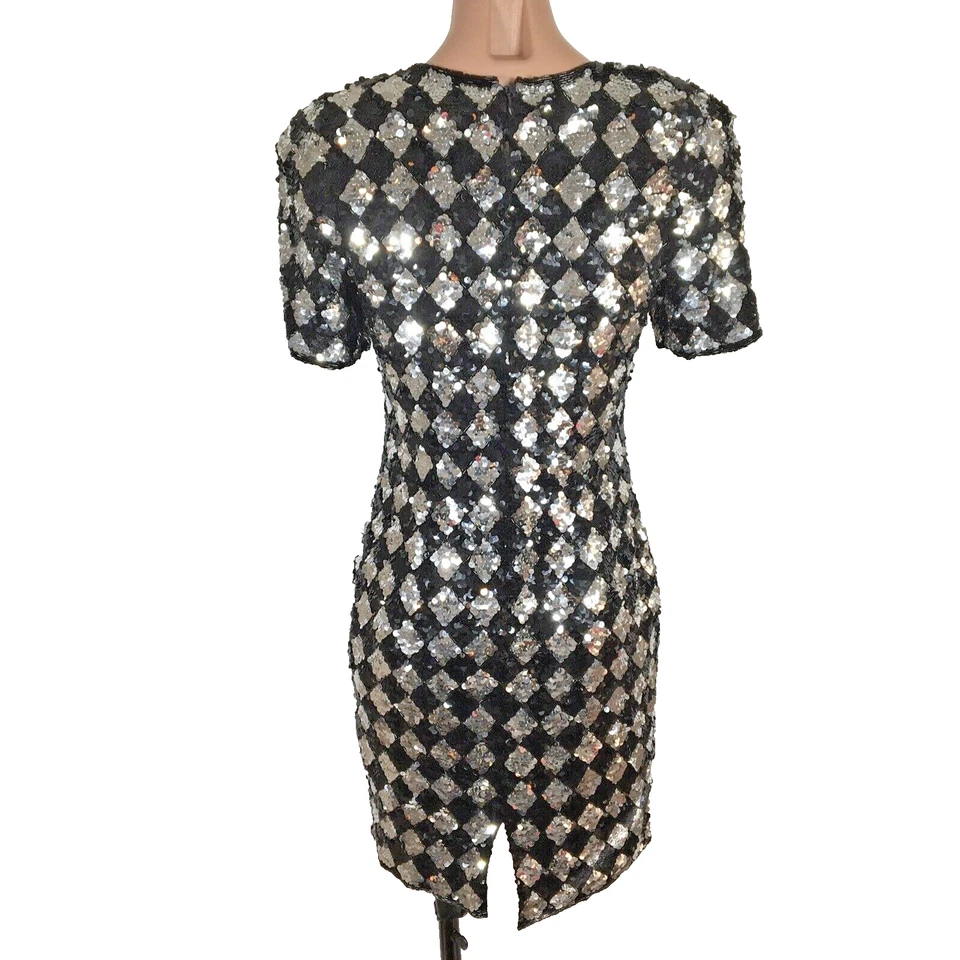 Vestido de fiesta vintage negro plateado lentejuelas 6 Nochevieja diamante a cuadros mini Foto 2 de 4