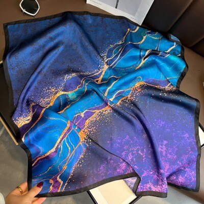 100% Mulberry Silk 26'' Square Scarf Women Neckerchief Wrap Blue Purple Scrawl