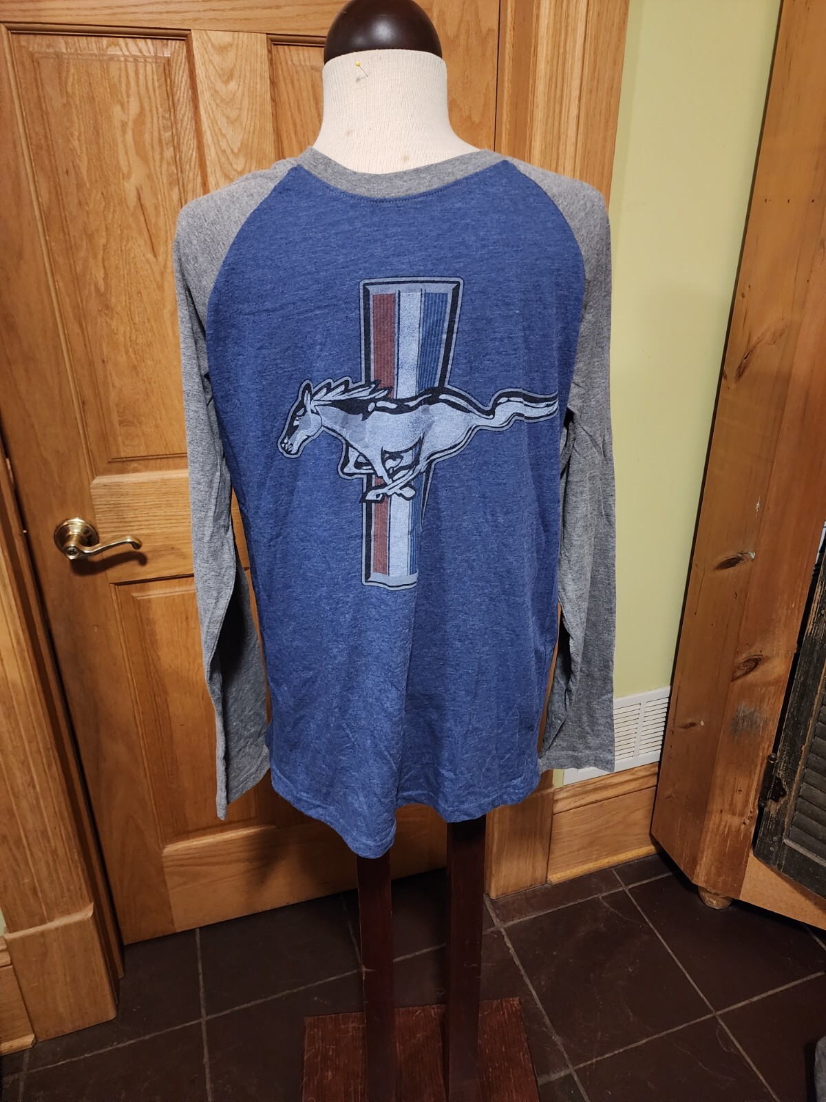 T shirt manica lunga Ford Mustang logo pony uomo M blu grigio 60% cotone 40% poli