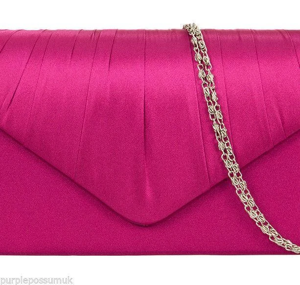 Pink Clutch Bag Ladies Cerise Satin Evening Bag Fuchsia Shoulder