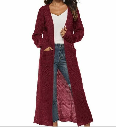 Maxi cardigan lungo spolverino manica lunga aperto davanti maglione cappotto donna - Foto 9 di 20