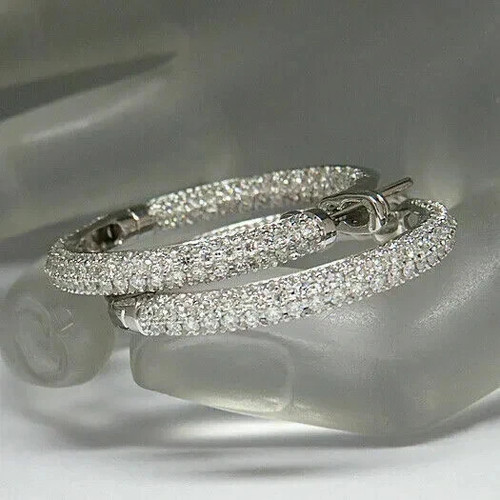 3Ct Simulated Diamond Huggie Hoop Engagement Earrings 14K White Gold Plated - Picture 2 of 4