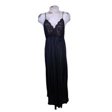 VTG Gilead Long Nightgown Medium Black Nylon  Brown Lace Empire Waist Slit