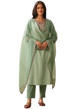 GoSriKi Women's Cotton Blend Embroidered Straight Kurta with Pant & Dupatta