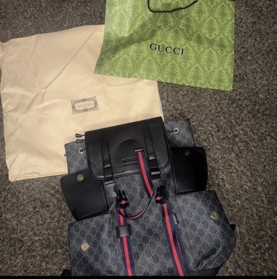 Gucci GG Pattern Backpack Gray/Black Red/Blue Web Stripe Drawstring Men's