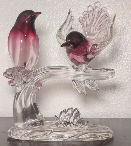 RARE Murano Art Pink Glass Birds on Branch Sculpture Signed Elio Raffaeli