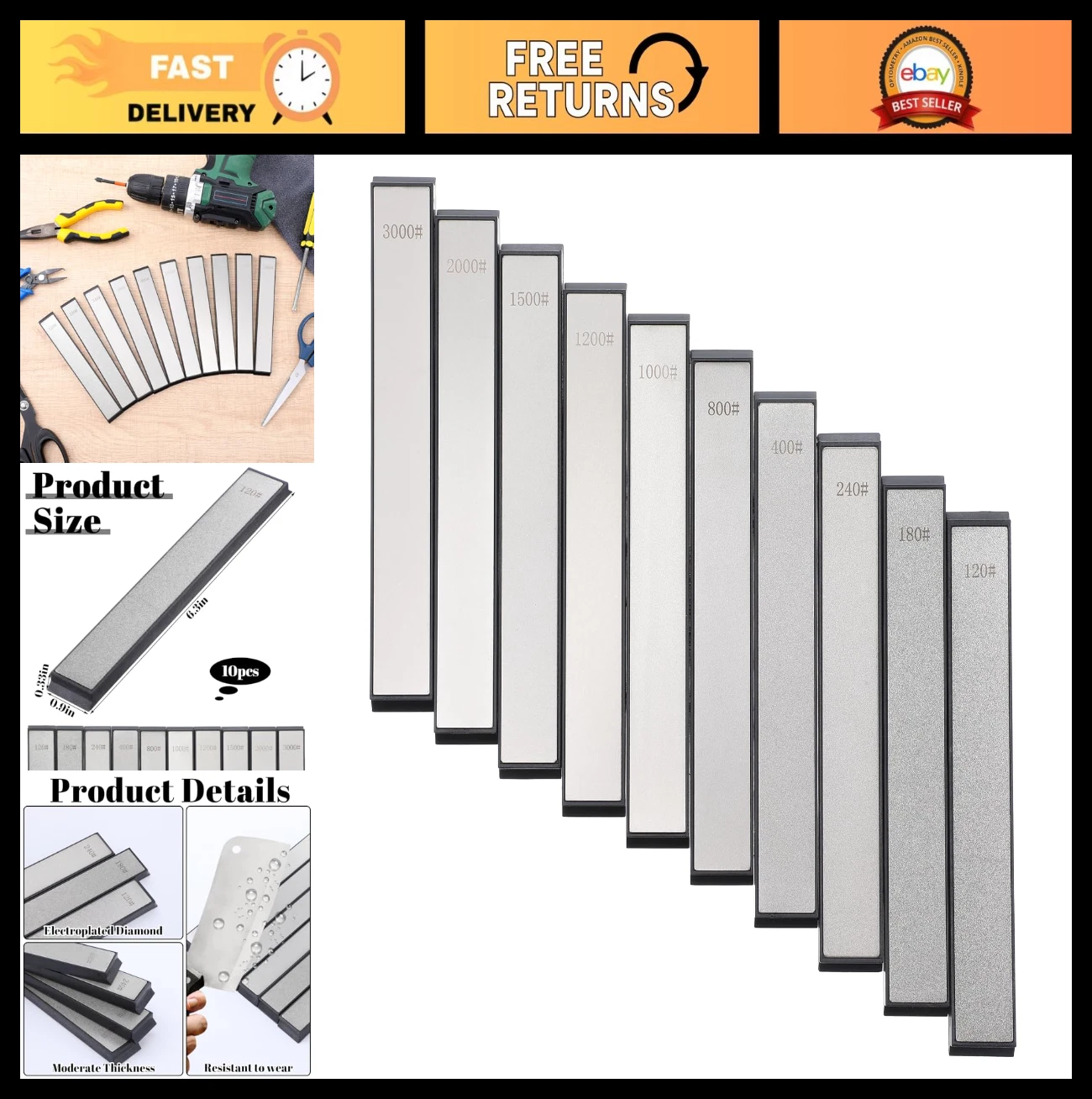 10 PCS Diamond Knife Sharpening Stones Set, 120#-3000# Grit, Non-Slip Base, Dura