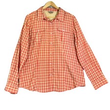 Duluth Shirt Womens XL Orange Plaid Nylon Blend Button Up Roll Tab Sleeve Vented