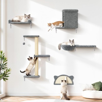 5-in-1 Cat Wall Shelves, Solid Wood & Velvet & Sisal Scratcher, 44lbs Max Loa...