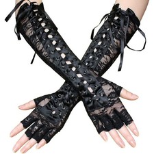 Gothic Lace Fingerless Gloves Long Lace Gloves Floral Embroidery Black Used Japa