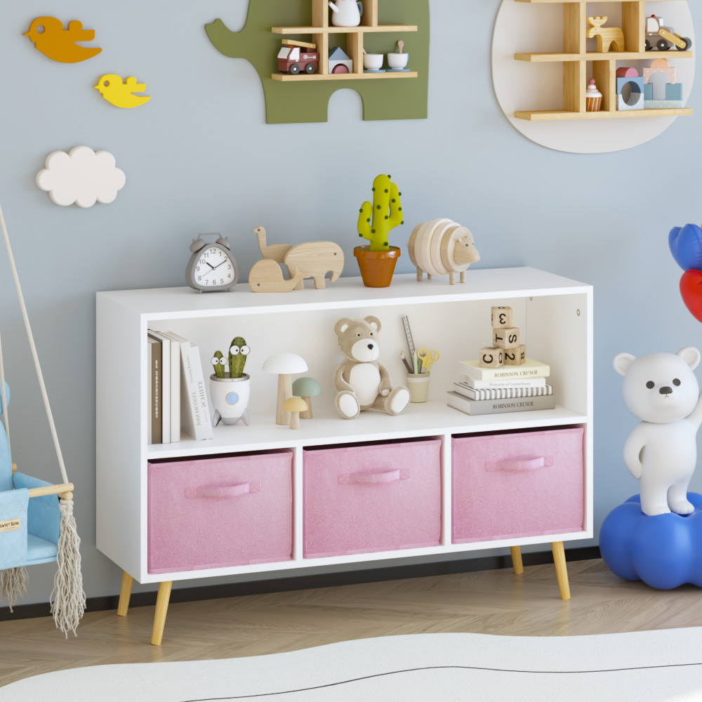 Storage Bookcase for Kids with 3 Fabric Bins&comma; Display Shelf and Toy Organizer