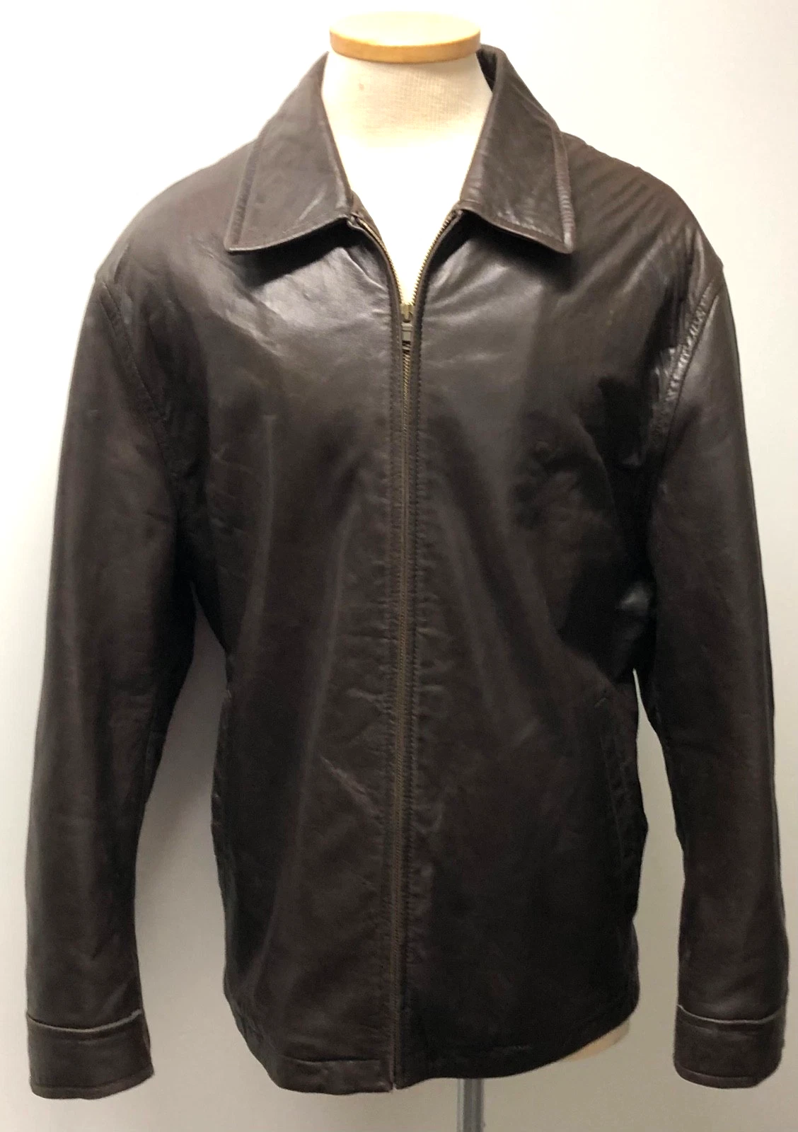 NAUTICA VNTG 90s MENS BROWN LEATHER JACKET COAT FLEECE LINED INSIDE KNIT CUFF XL