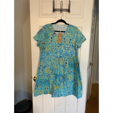 NWT Tendency Dress Size Large Short Sleeve Floral Geometric Blue Yellow V Neck
