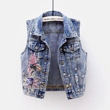 Mujeres Denim Chaqueta Sin Mangas Cuentas Flor Corto Jean Chaqueta Chaleco Chaleco