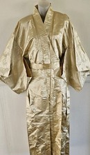 Vintage Gold Silk Fully Lined Belted Kimono Floral Jacquard Robe Japan EUC