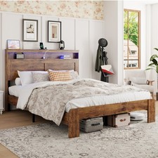 Queen/King Size Bed Frame Wood Platform Bed with LED Light Headboard  USB Ports