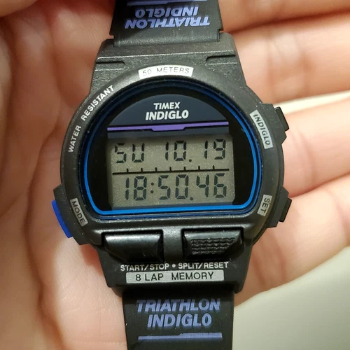 Vintage Timex Triathlon 1990s 33mm Indiglo Blue/Purple - FULLY WORKING