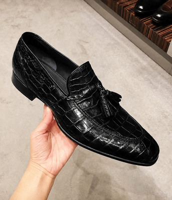 Handmade Black Crocodile Texture Leather Formal Dress Moccasin Shoes for Men