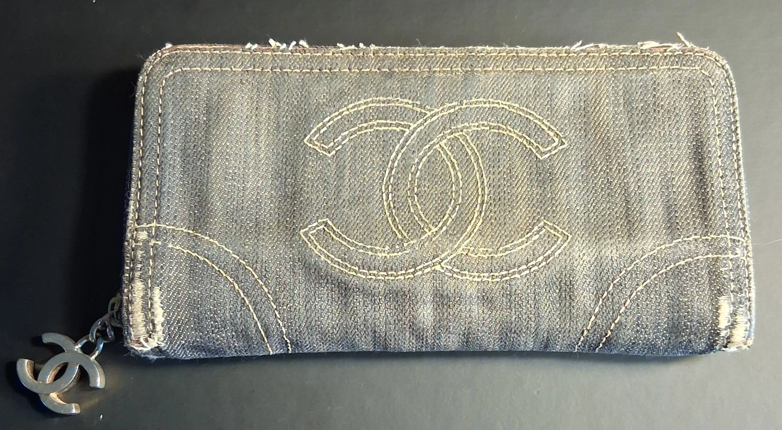 Chanel — Chanel Distressed Denim Zip-Around Long Wallet with CC Logo Good Condition