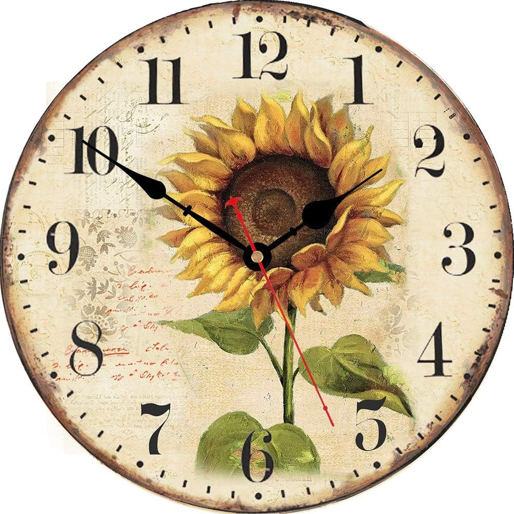 Sunflower Wall Clock Silent Non Ticking - 8 Inch Wooden Quality Quartz Battery O