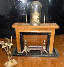 Vintage Dollhouse Fireplace Brass Adirons,clock Logs Toolrack 2 Candlesticks