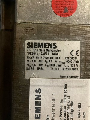 Siemens Brushless Servomotor 1FK6044-7AF71-1AG0 IP64 171V 4,0Nm 6500/min