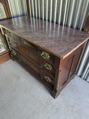 Dark Wood Brown 6-Drawer Wood Dresser w/ Mirror, Faux Marble-Look Top