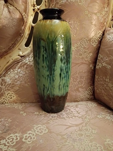 Vintage 12 inch Pottery Green Drip Glazed Vase with indented pattern
