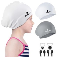 2 Pack Kids Swim Caps for Long/Short Hair, Unisex Silicone Swimming Cap for A...