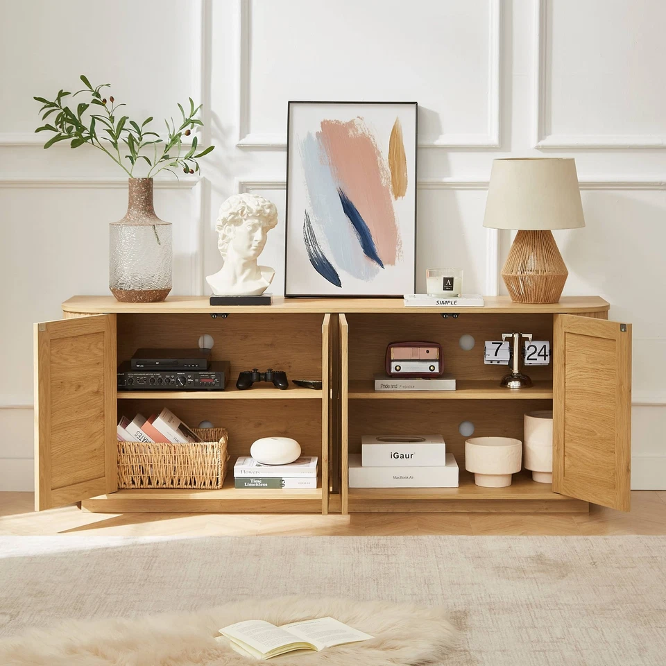 64" TV Stand Modern Wood Buffet Sideboard Entryway Storage Cabinet w/Rattan Door - Image 3 of 4