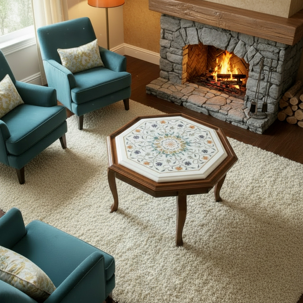 Luxury White Marble Coffee Table Semi Precious Inlay Stone Art Handmade Decor