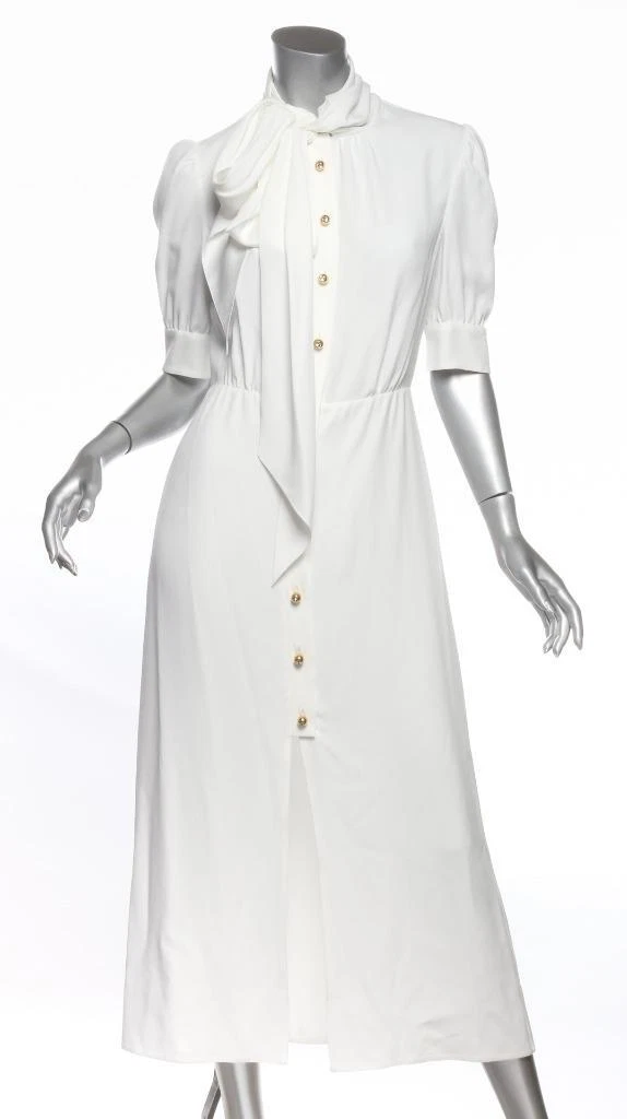 Abito lungo Prada bianco con bottoni dorati cravatta anteriore manica corta IT40 US4 S NUOVO
