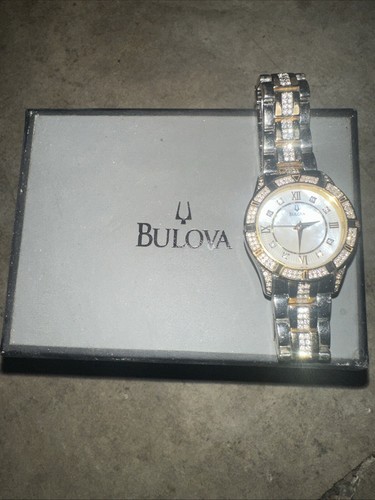 Bulova Watch Women 31mm MOP Two Tone Round 98L135 Crystal Accent Needs Battery!