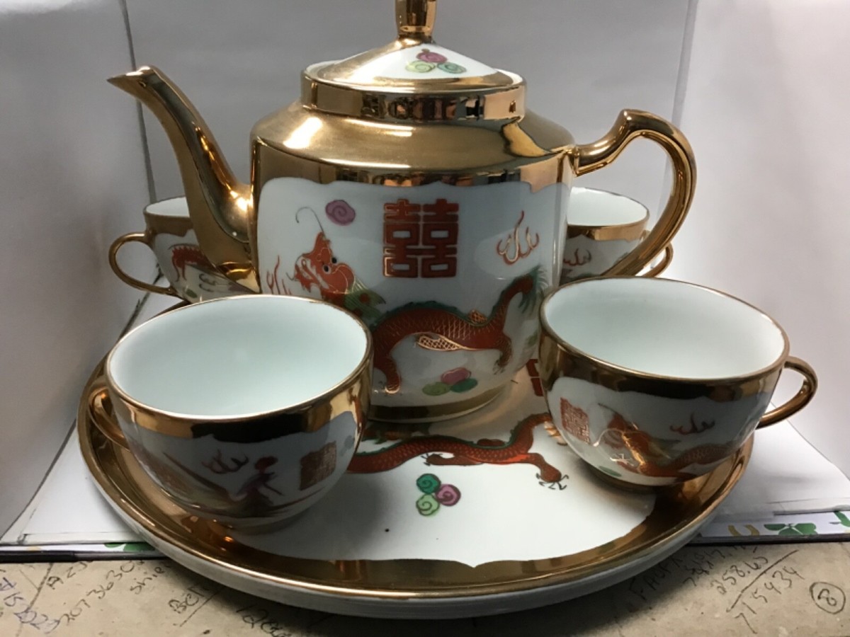 Vintage Made in China dragon phoenix gold tea pot tea cups and