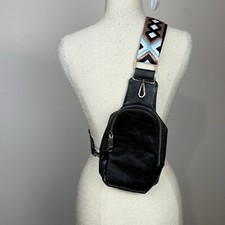 Unbranded Black Vegan Leather Sling Bag Embroidered Strap