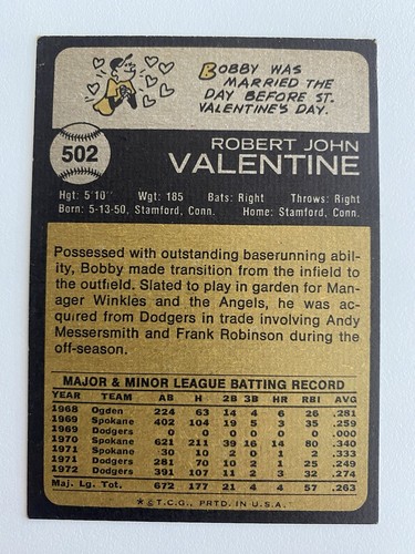 Topps Baseball #502 1973 Bobby Valentine - Imagen 2 de 2