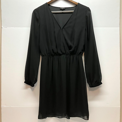 #ad Express A Line Cocktail Dress Womens Black V Neck Long Sleeve Elastic Waist S $19.95