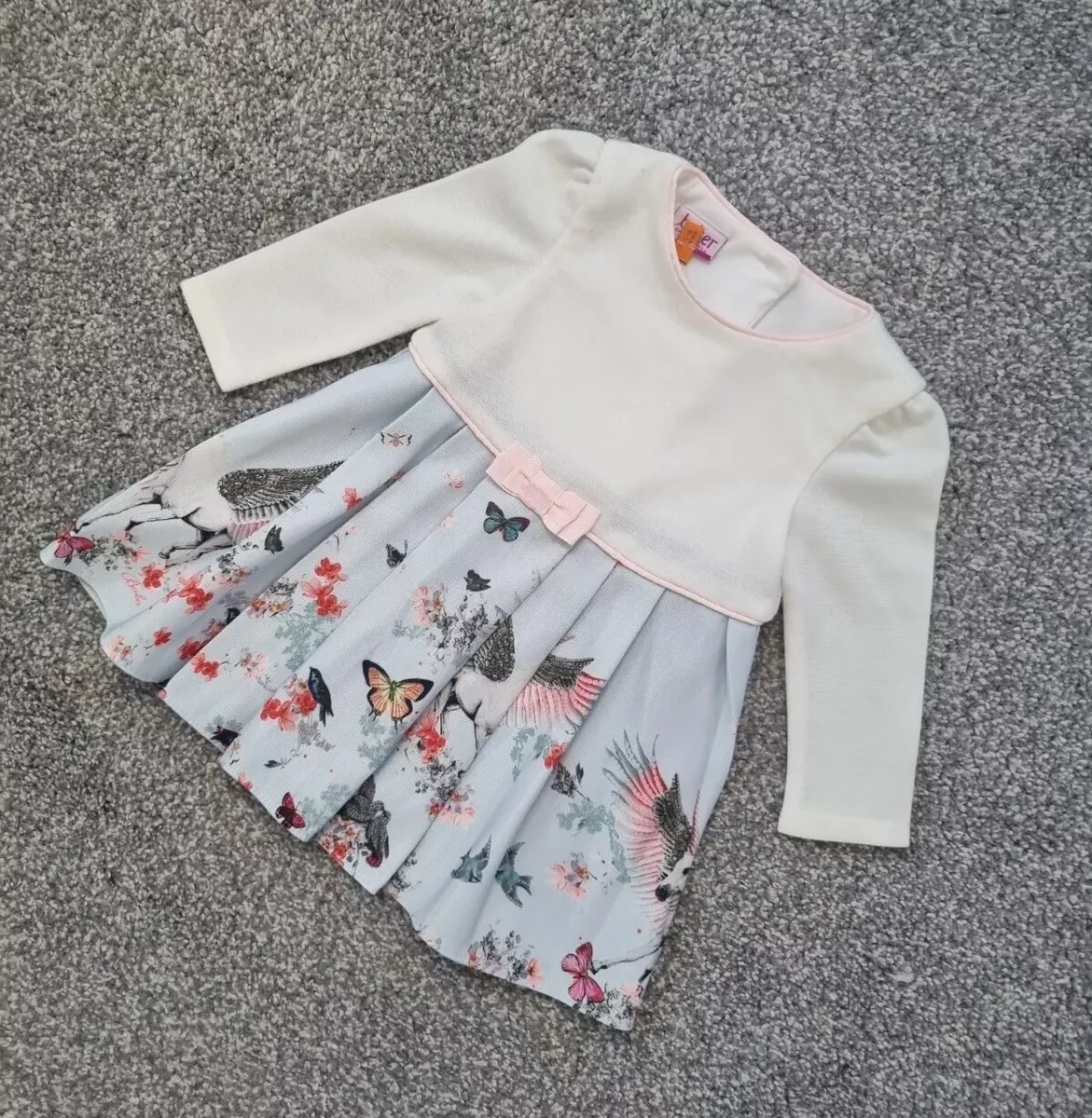 Baby Girls Ted Baker Dress 3 6 Months Blue Pleated Skirt Butterflies Birds E