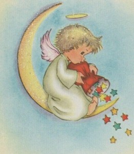 VINTAGE 1940'S ANGEL ON MOON CHRISTMAS STARS CARD GLITTER UNUSED