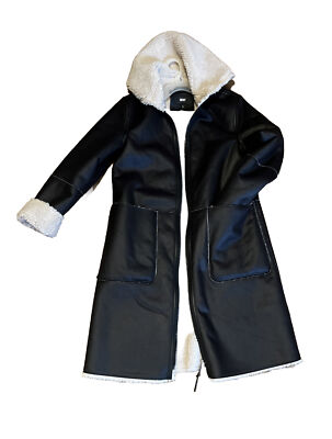 DKNY Womens Black Faux Fur Long Sleeve Hooded Long Trench Coat