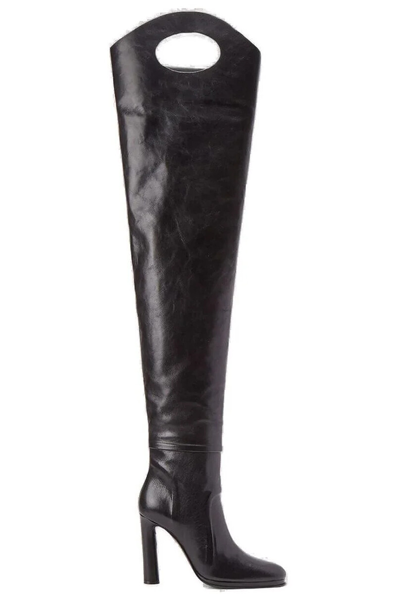 New! Burberry Black 110 Cutout Thigh-High Leather Boots Size 37 EU