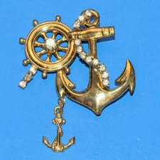 Vintage Nautical Brooch Pin Anchor Ship Wheel Helm Navy Rhinestone Gold Tone