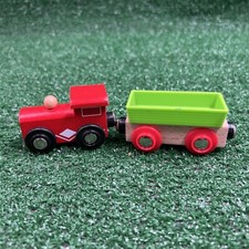 Wooden Train 2 Piece Set Engine  Transport Car Red Green Magnetic Attachment