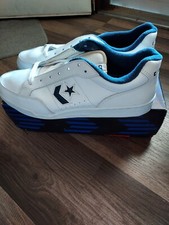 Zapatos Tenis Converse Clásicos Cuero Buey De Colección Años 90 Blanco/Azul Marino Talla 13 Nuevos