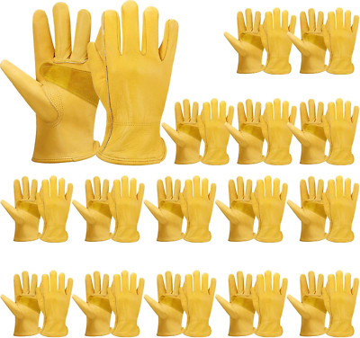 16 Pairs Men's Cowhide Leather Gardening Gloves - Medium, Yellow, Durable Workwe
