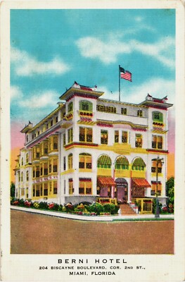 Berni Hotel Miami Florida Postcard 1930s Antique Linen 204 Biscayne Blvd