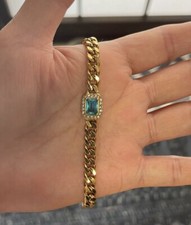 GORGEOUS 18K GOLD FILLED CURB CUBAN LINK BRACELET VINTAGE INSPO w GREEN STONES