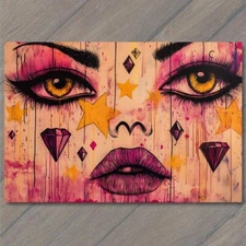 Art Print Woman Feminine Graffiti Blue Eyes Pink Lips Yellow Star Urban Abstract