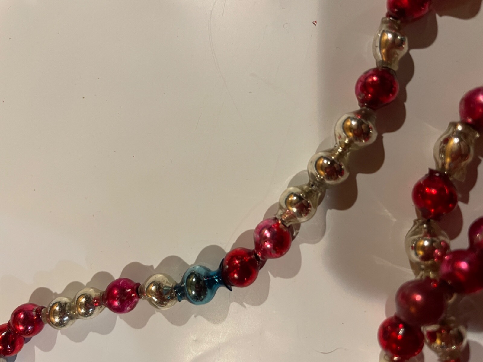 Vintage Red Blue Silver Christmas Feather Tree Mercury Glass Beads